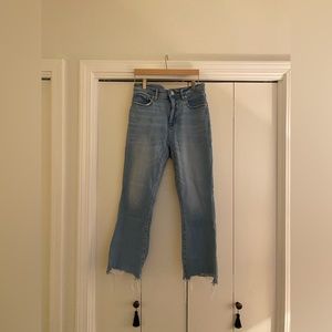 High waist kick crop light wash raw hem jeans